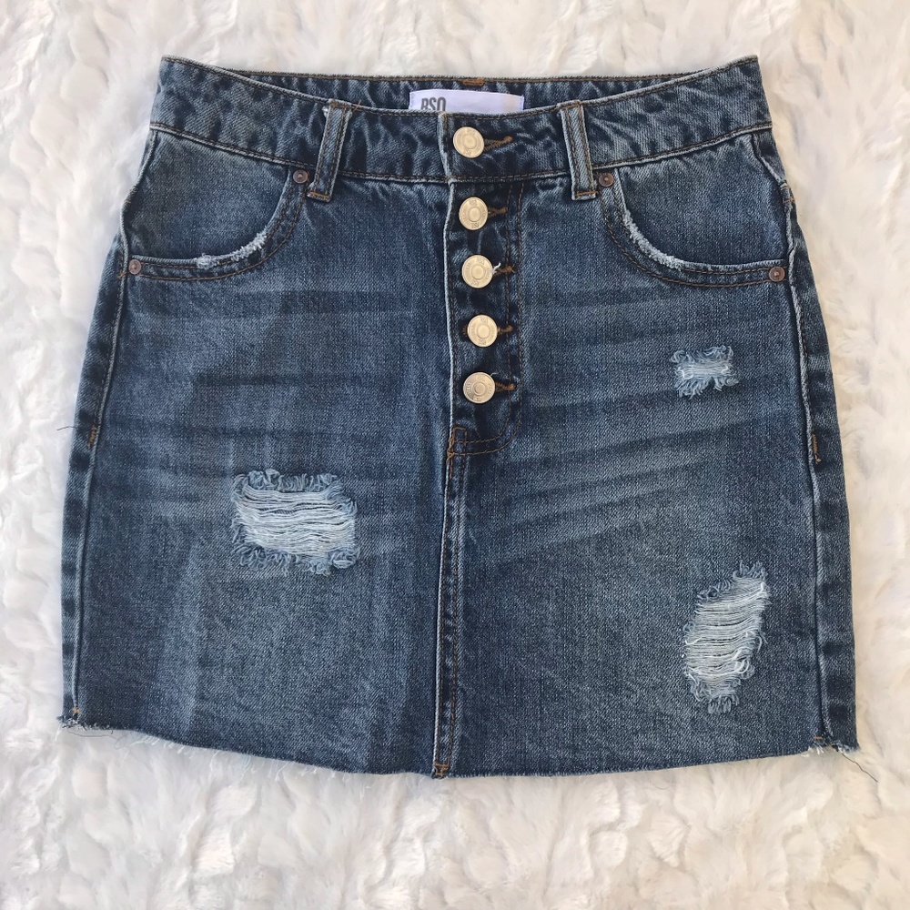 RSQ COLLECTIVE BUTTON FLY DISTRESSED DENIM SKIRT